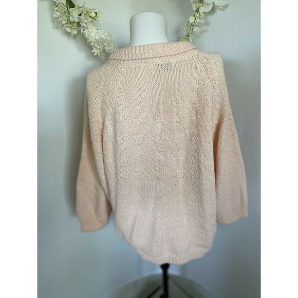 Vintage‎ 90s Shenanigans Hand Knit Peach Sweater Womens Large 3/4 Sleeves Button - Picture 5 of 12